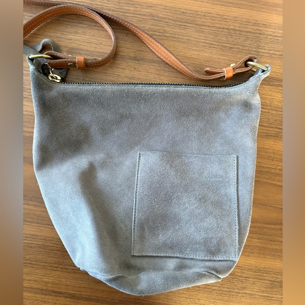 Clare V. Petite Jeanne bag, dark grey suede bucket bag with natural tan strap